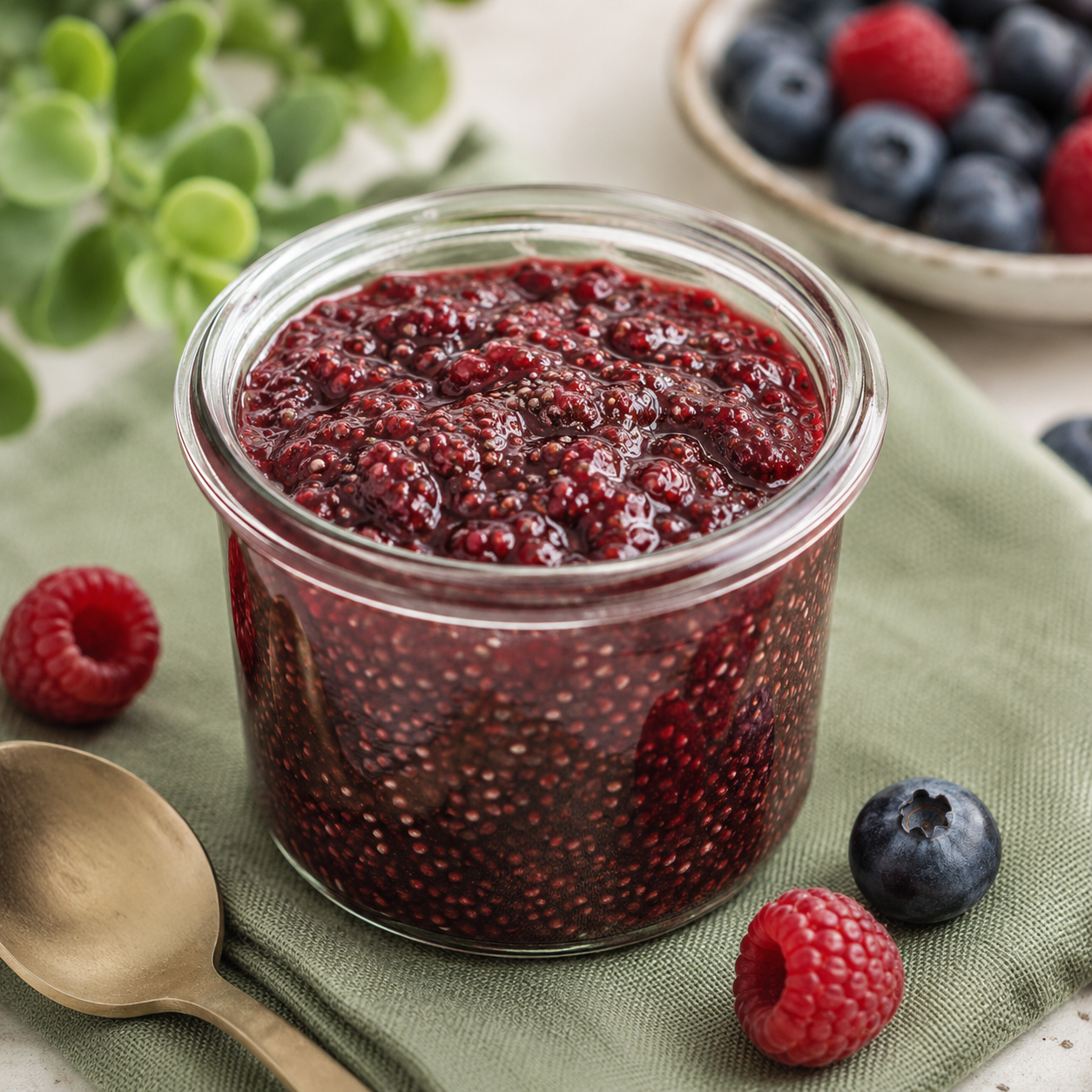 Berry chia jam in a jar with fresh fruit